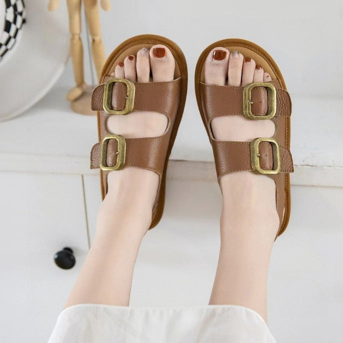 Women's Flat Cool First Layer Cowhide Soft Bottom Belt Buckle Beach Outer Wear Ankle-strap Sandals