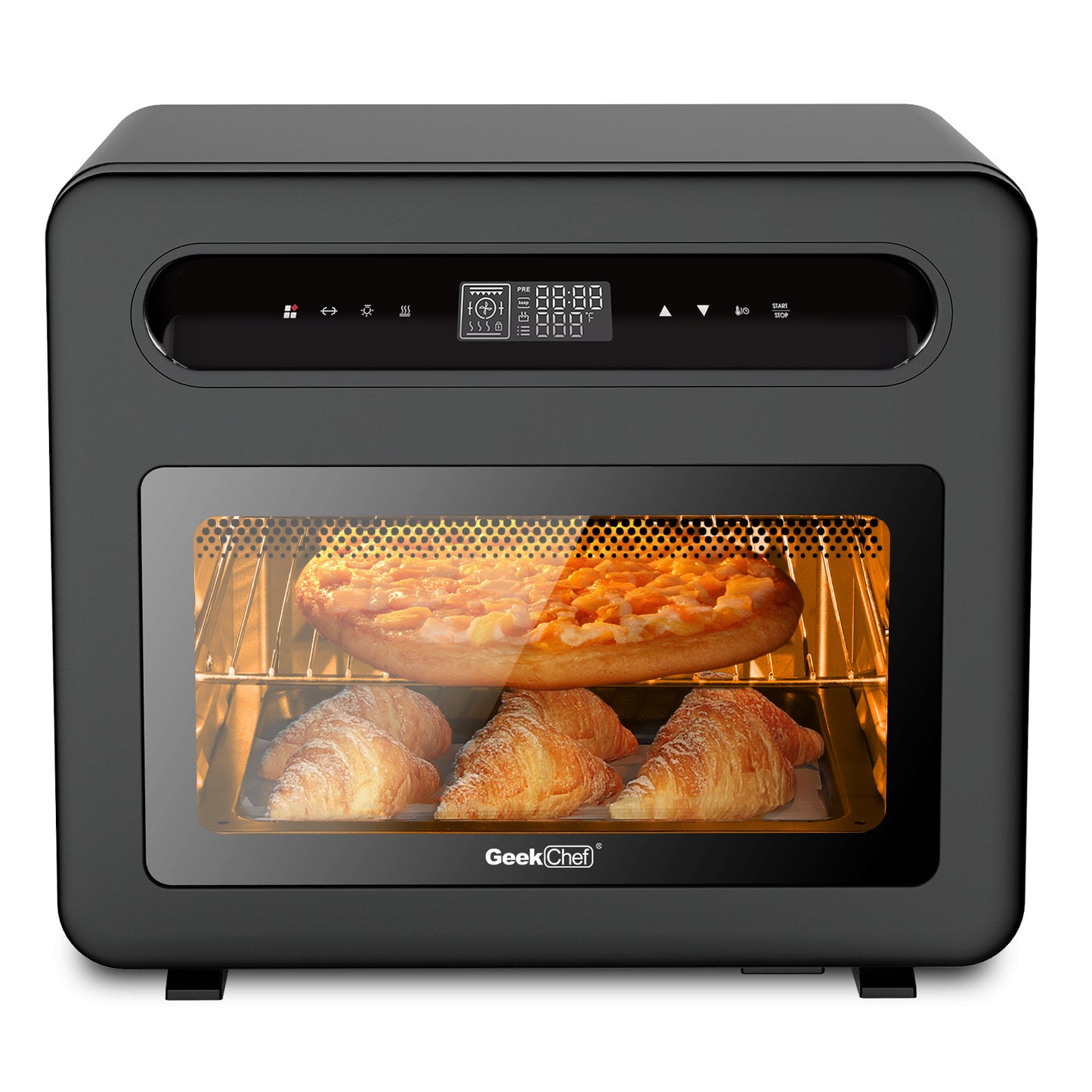 Geek Chef Friteuse à air, four grillé, combo, four à convection à vapeur 26 QT, comptoir de four à convection, 50 préréglages de cuisson, avec 6 tranches de pain, 12 pouces de pizza, acier inoxydable noir. Interdit de coter sur Amazon