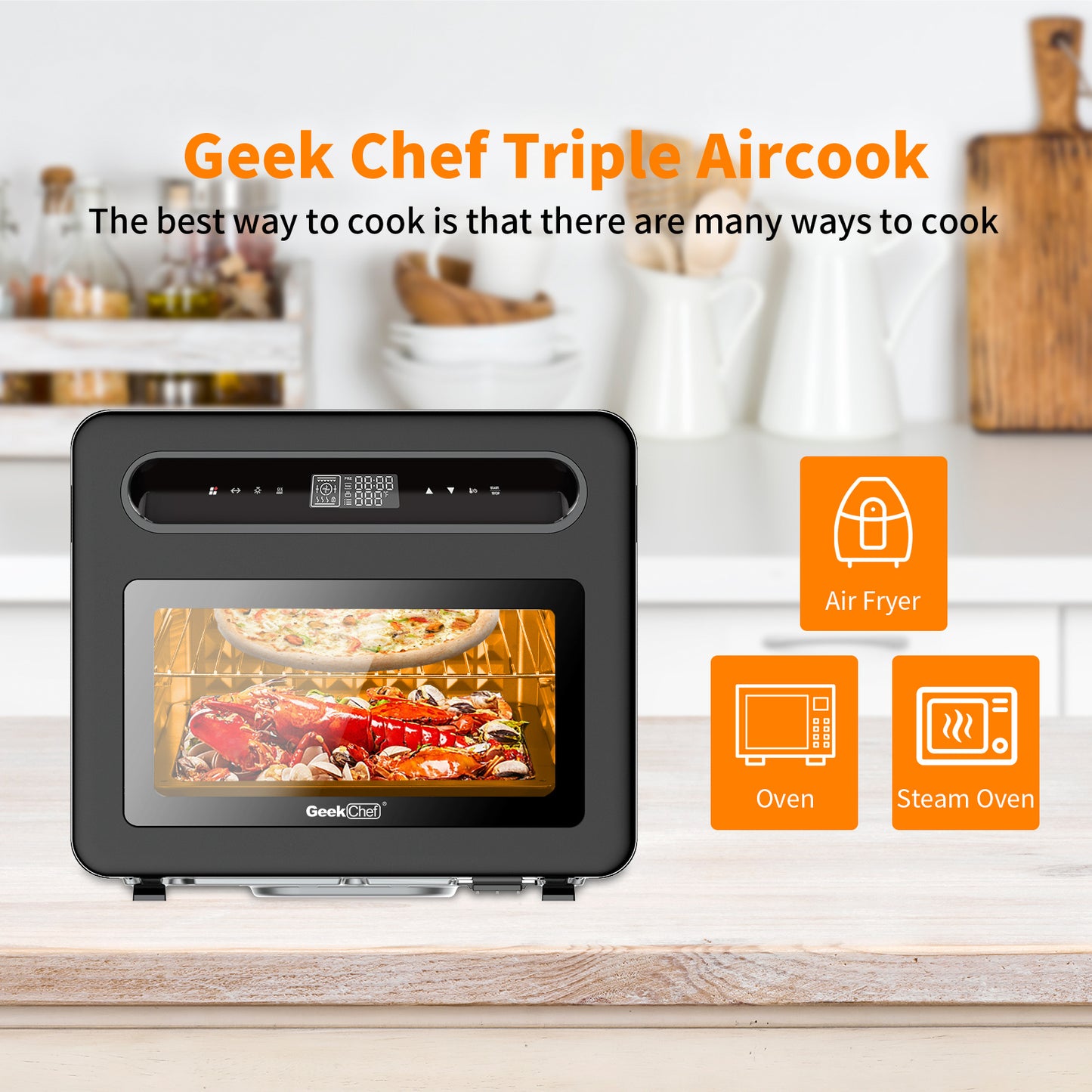 Geek Chef Friteuse à air, four grillé, combo, four à convection à vapeur 26 QT, comptoir de four à convection, 50 préréglages de cuisson, avec 6 tranches de pain, 12 pouces de pizza, acier inoxydable noir. Interdit de coter sur Amazon